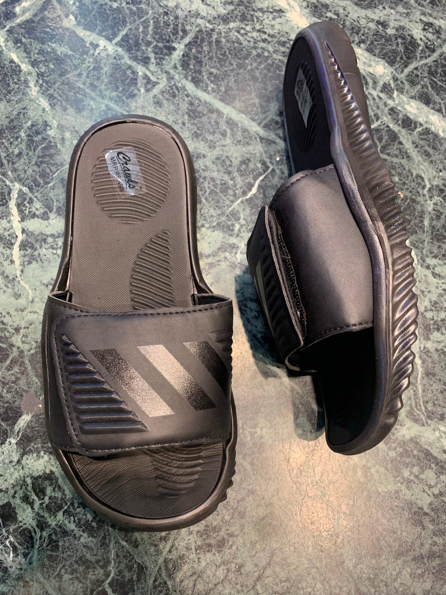 All Black Velcro Three Stripes Slippers Sliders 03082023
