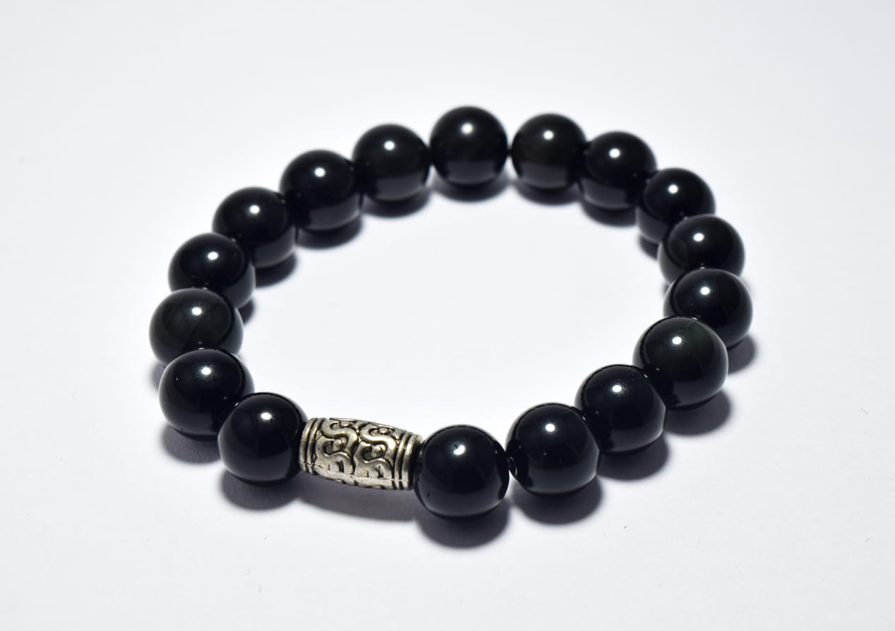 LDA Black Obsidian Bracelet Natural Gem Stone Beaded Bracelet with Silver Buddha Head Crystal Stone Beads Size 10 MM