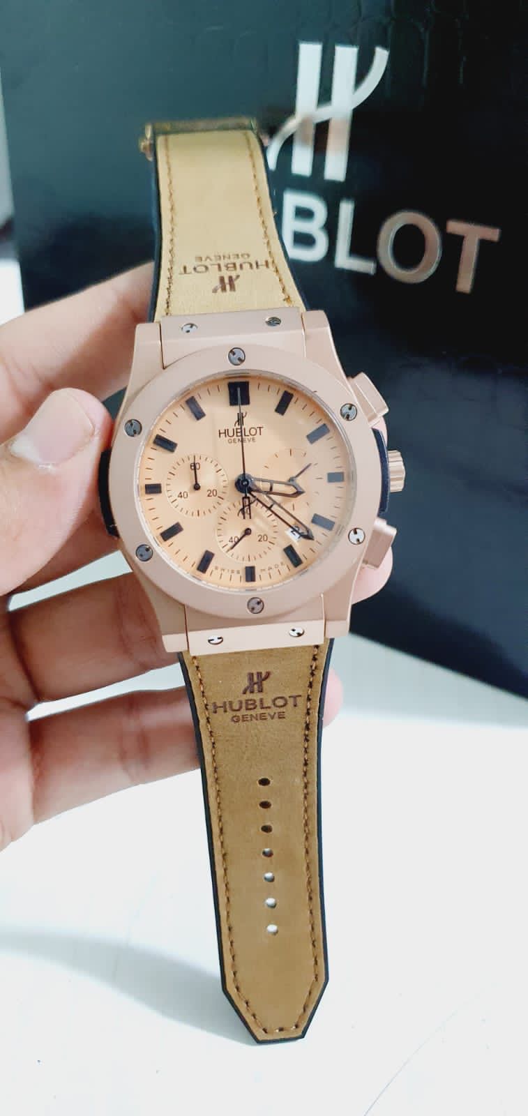 Buh Copper Dial Chrono Leather Brown Strap Watch For Men 401281