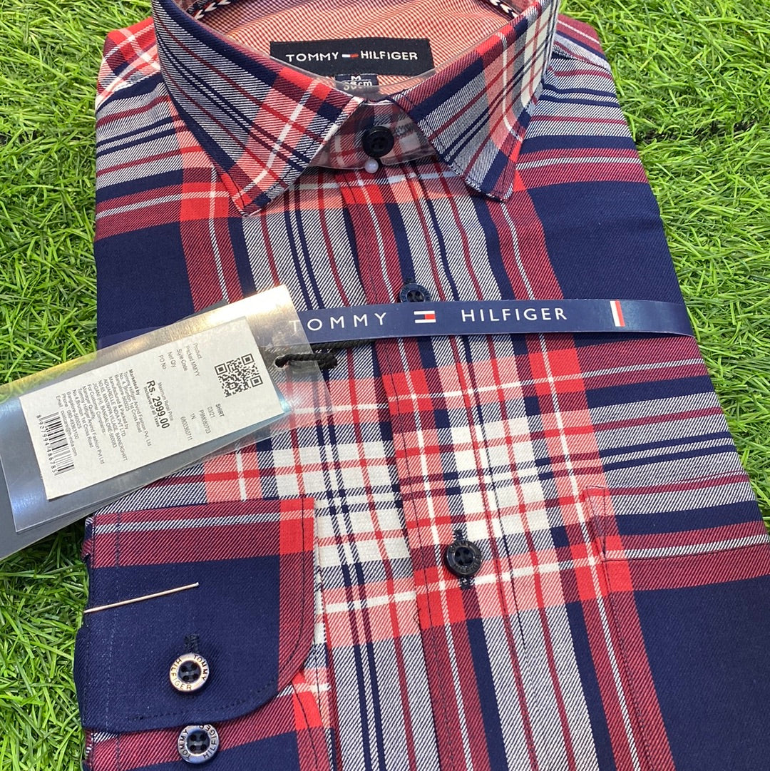 Grey Red Blue White Check Shirt Tom Mot Lycra Cotton Men’s Wear Shirt. 8907994486785