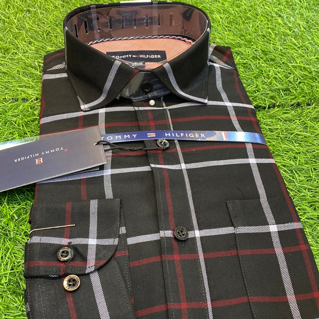 Black Red Grey Check Shirt Tom Mot Lycra Cotton Men’s Wear Shirt 8907994486785