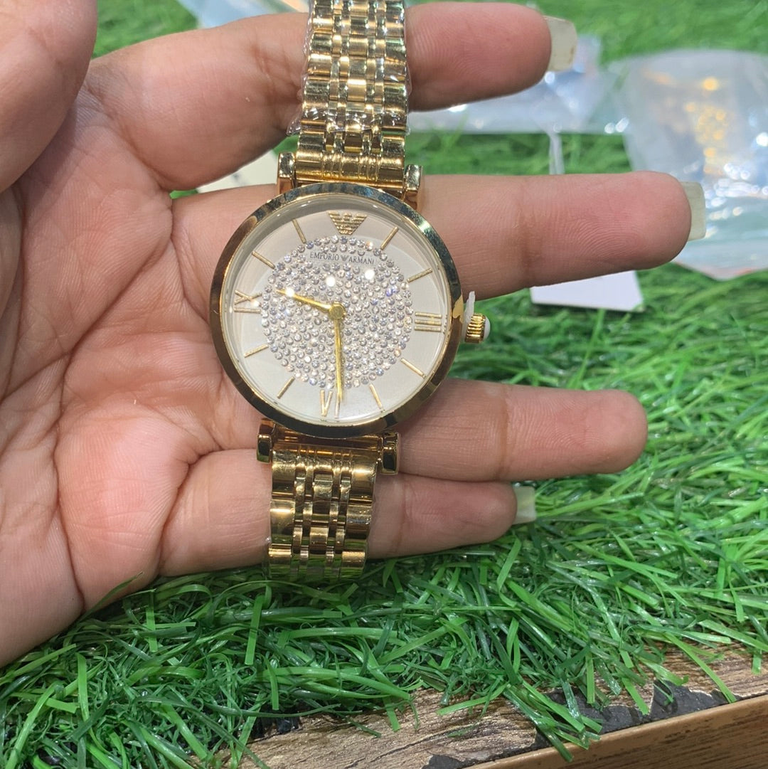 Mra Gold Chain White Dial Stud Ladies Watch 400458