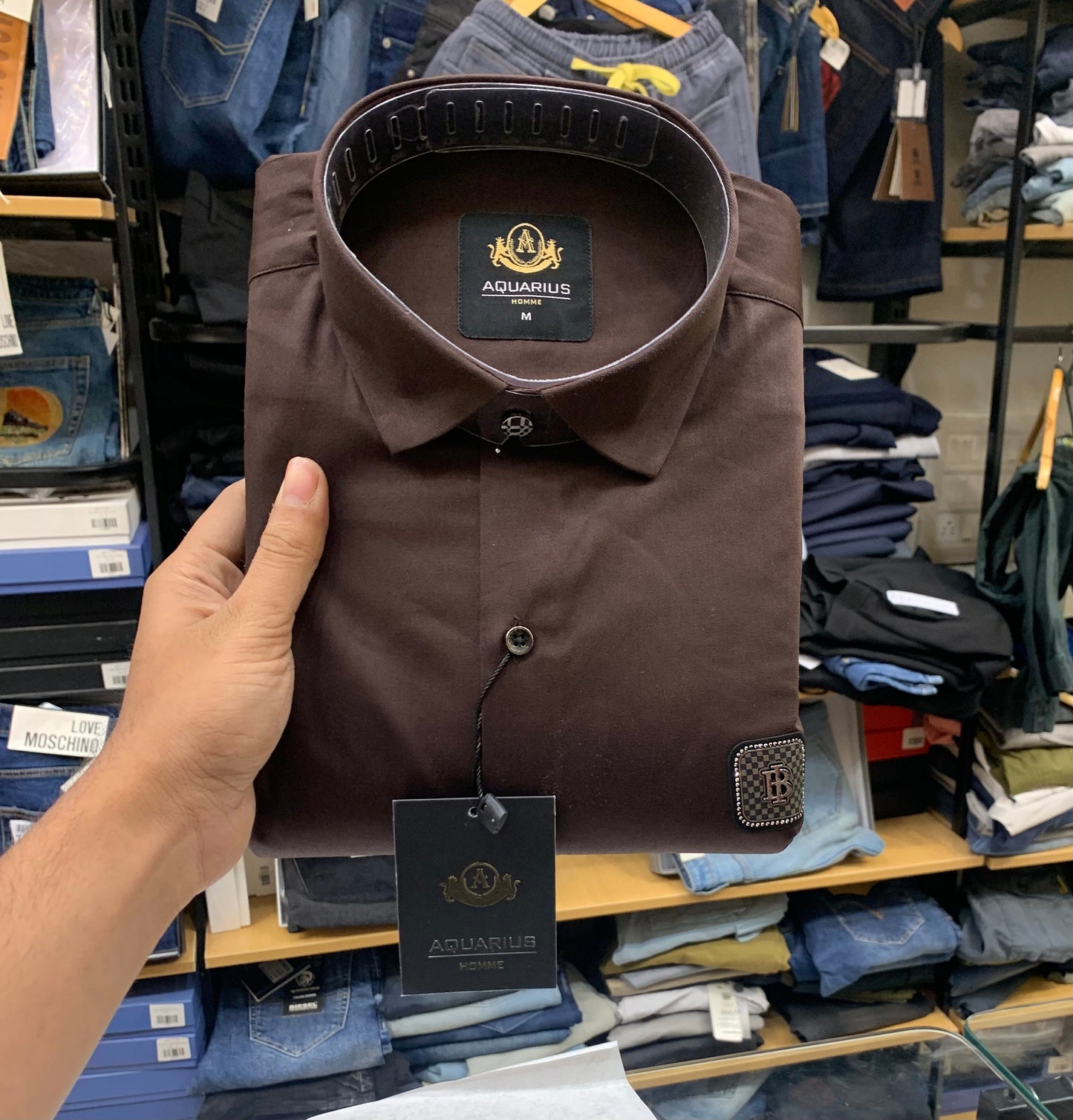 AQUARIUS Brown Colour With Front RUB Sticker Full Sleeve Men Shirt 2201
