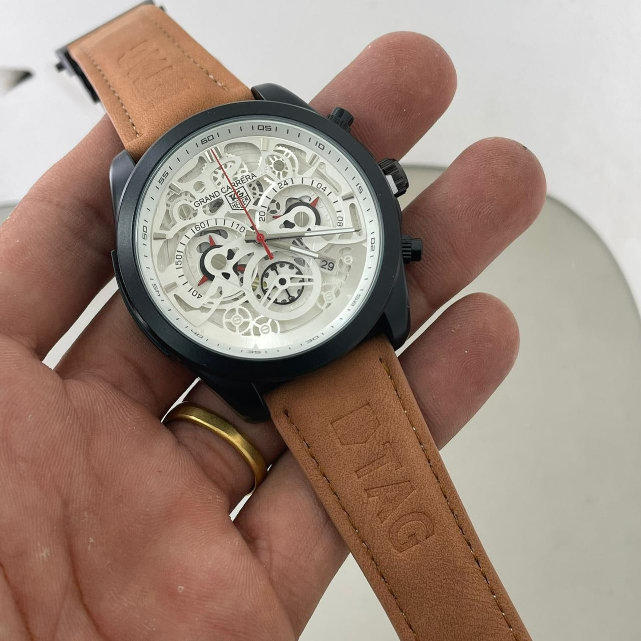 Gat Brown Leather Strap Black Ring White Dial Men’s Watch 901359