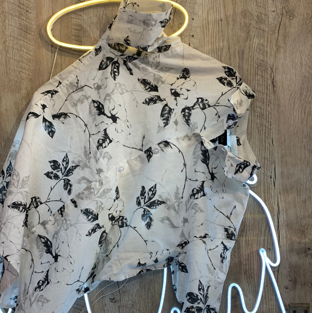 Massimo Dutti White Shirt White Flowers Black Leaves Print Lilen Men Shirt 1876