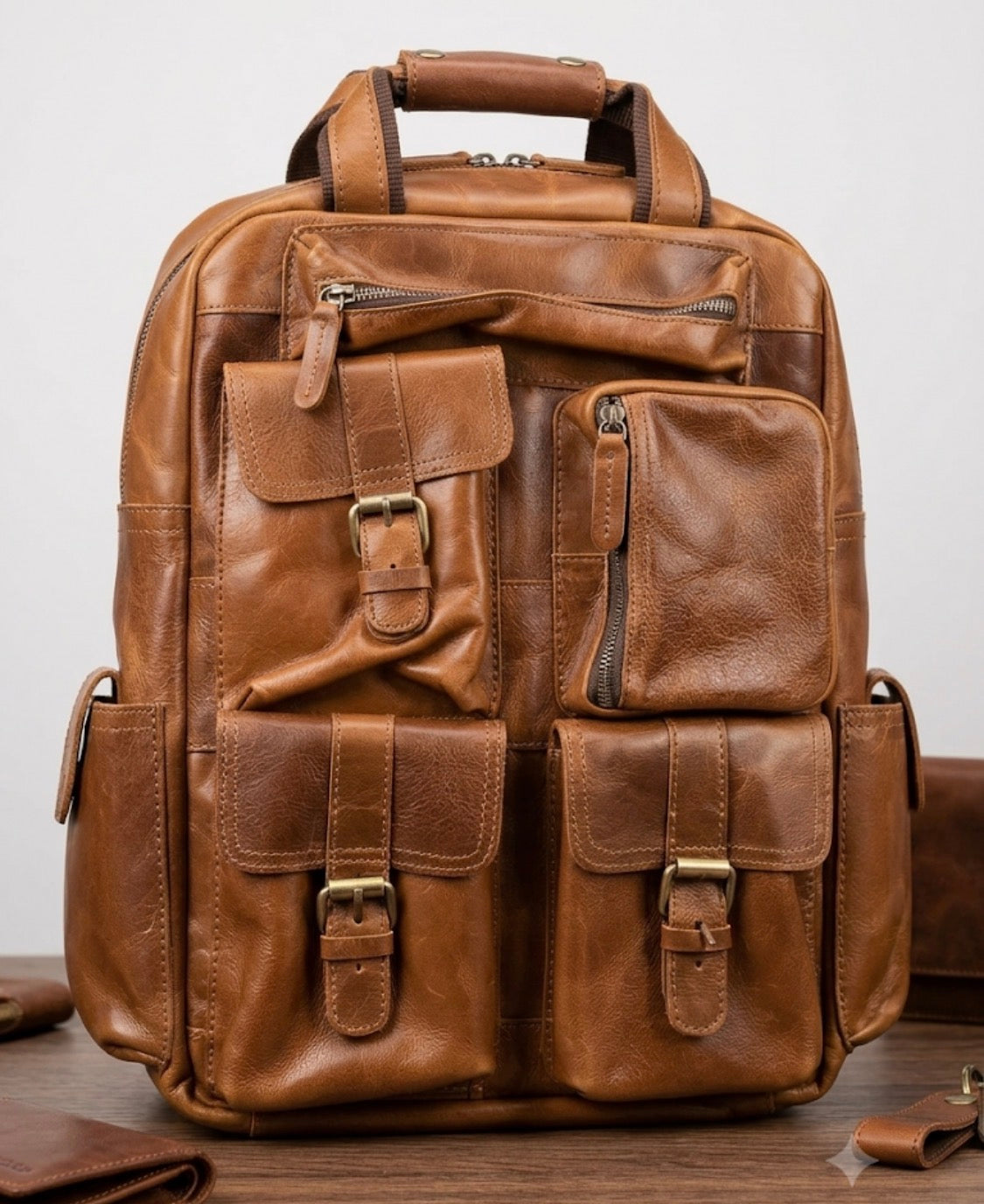 LDA Light Brown Colour Multi Pocket Premium Quality Genuine Leather Unisex Backpack 991475