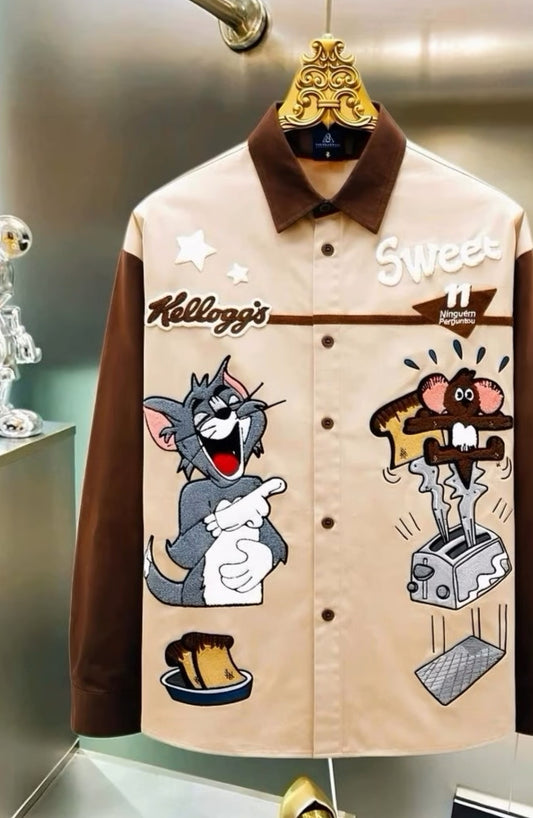 CHLEN/RTEEL Beige Brown Colour With TOM And JERRY Cartoon Patch Embroidery Full Sleeve Imported Oversized Unisex Shirt Yh972
