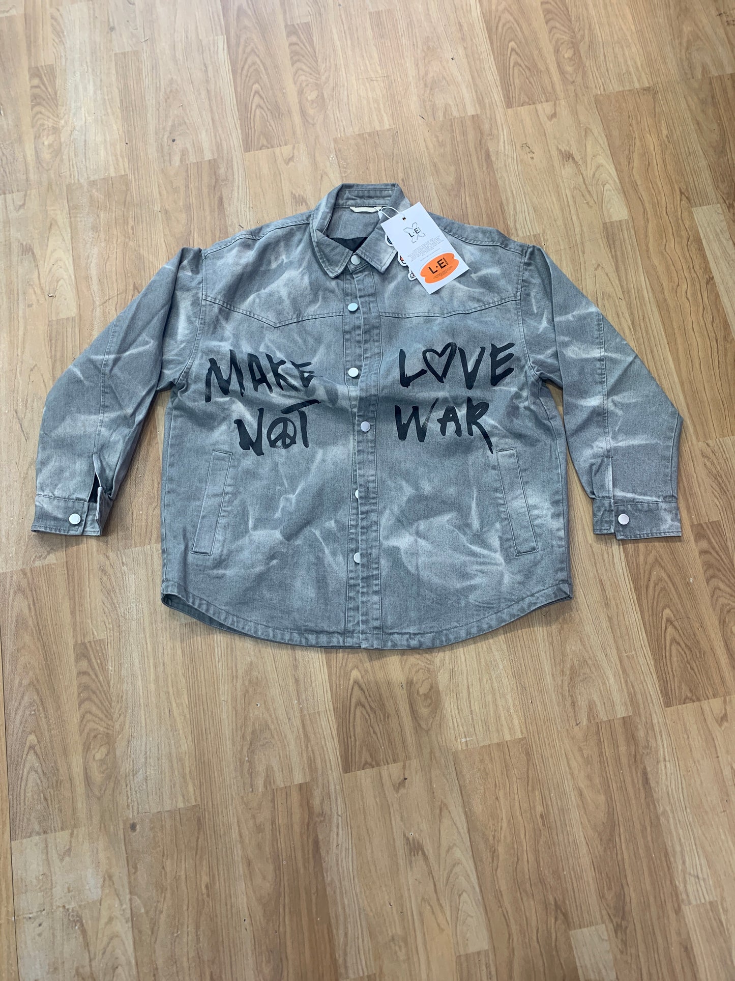 Denim Jacket Grey White Printed Make Love Not War Black Colour 80845