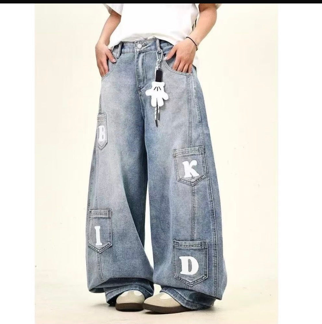 Yilufa Faded Blue Colour BKID Print Baggy Fit Unisex Imported Denim jeans 6073