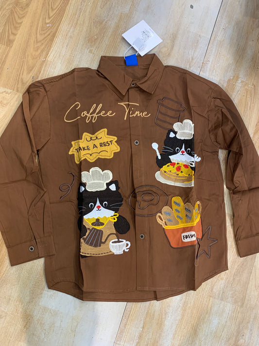 CHLEN RTEEL Coffee Time Brown Colour Cat Print Baggy Size Premium Quality Unisex Shirt YH801