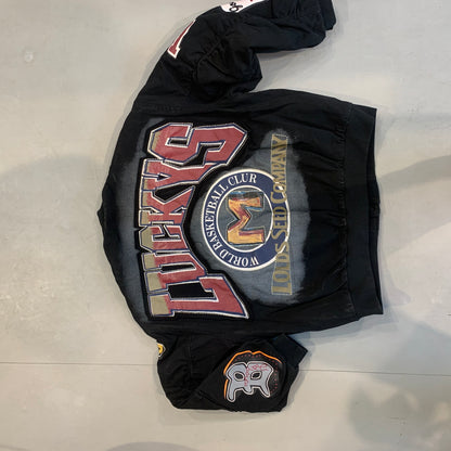 LUCKYS Black Grey With Back Patches Embroidery Premium Quality Unisex Denim Varsity Jacket 85062
