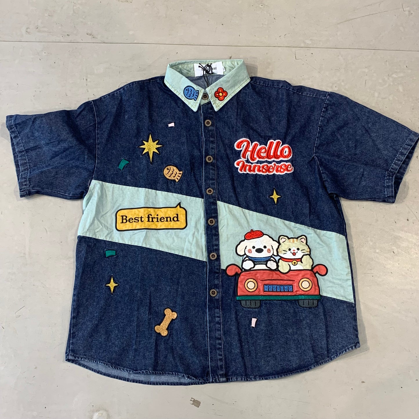 INNSERSE Blue Colour Hello Innserse Best Friend Cartoon Patch Imported Blue Denim Unisex Shirt 5143