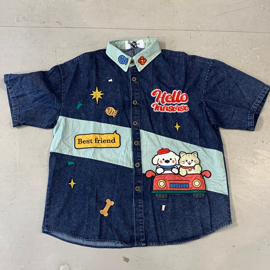 INNSERSE Blue Colour Hello Innserse Best Friend Cartoon Patch Imported Blue Denim Unisex Shirt 5143