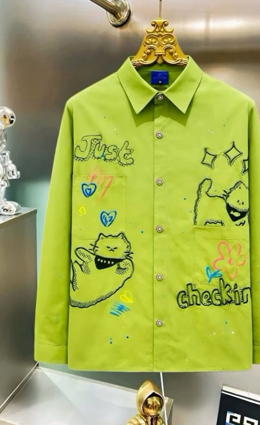CHLEN/RTEEL Green Colour With JUST Cartoon Patch Embroidery Full Sleeve Imported Oversized Unisex Shirt Yh798