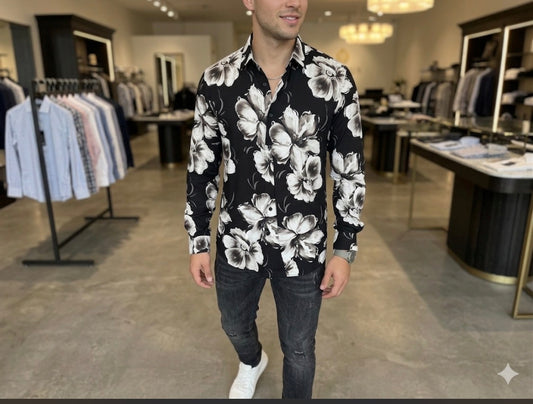 AQUARIUS Black Colour White Brown Flower Print Black Stud Premium Quality Full sleeve Shirt 990766