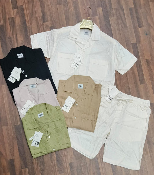 Raz Zar White Colour Linen Half Sleeve 2 Pocket Shirt With Short Coord Set 4454