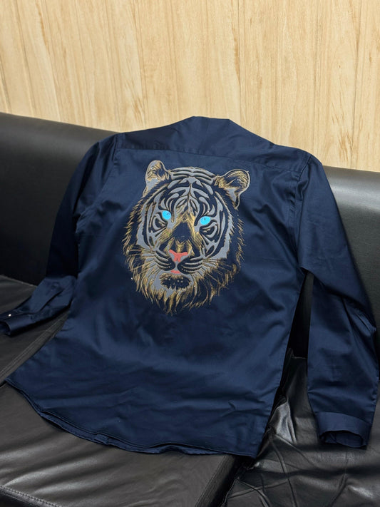 AQUARIUS Navy Blue Colour Tiger Black Gold Stud Design Premium Quality Full sleeve Shirt 2507