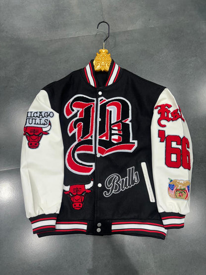 Bulls Black Colour With Front Back Patch Work Premium Quality Varsity Jacket 668025