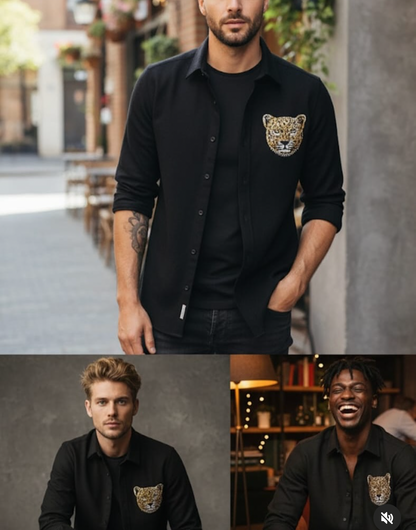 AQUARIUS Black Colour Tiger Black Gold Stud Design Premium Quality Full sleeve Shirt 2564