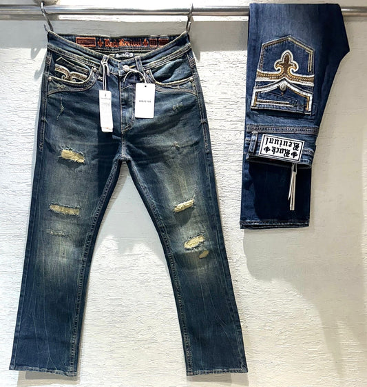 ROCK Blue Colour With Rough Design With Back Embroidery Straight Fit Jeans 54007
