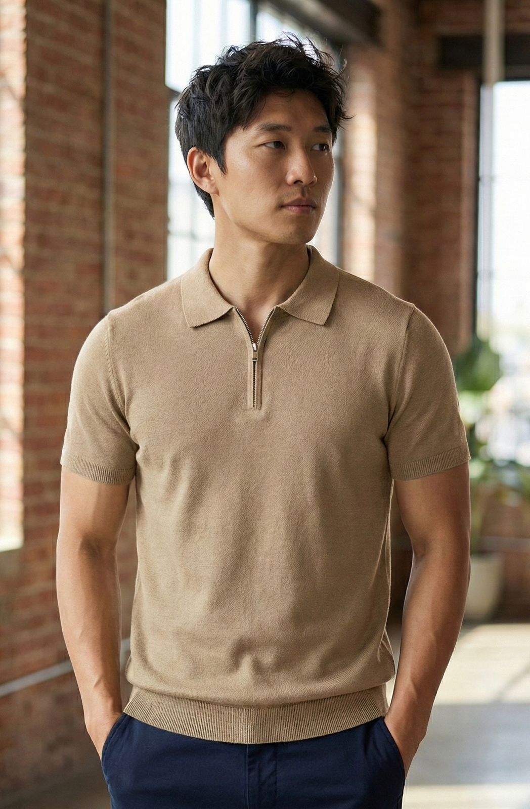 Modern Stylish Beige Colour Half Zip Knitted Coller Tshirt 7043