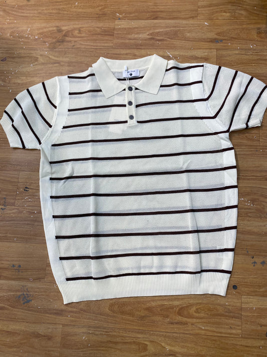 Men Stylish Cream Colour Brown  Lining Knitted Premium Quality Unisex Collar T-Shirt R86039