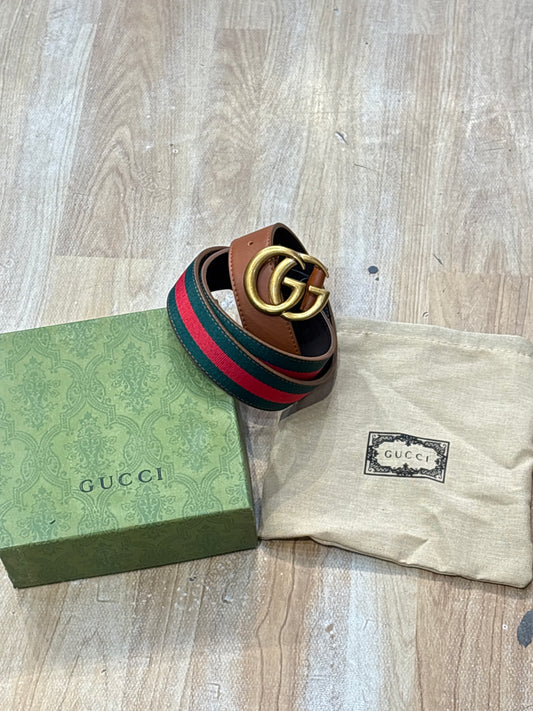 Cug Guc Brown Strap Green Red Stripe Golden Buckle Belt 989061