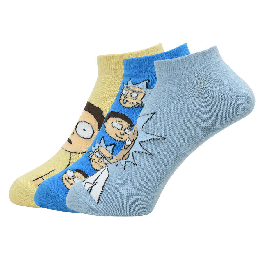 RICK AND MORTY COTTON LOWCUT CHARACTER SOCKS FOR MEN (PACK OF 3) (FREE SIZE) (BLUE, CREAM)