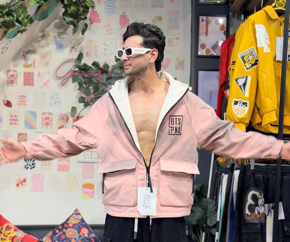 Bts Pna Ban Pink Cream Print Full Sleeve Hooded Reversible Jacket 2515