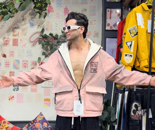 Bts Pna Ban Pink Cream Print Full Sleeve Hooded Reversible Jacket 2515