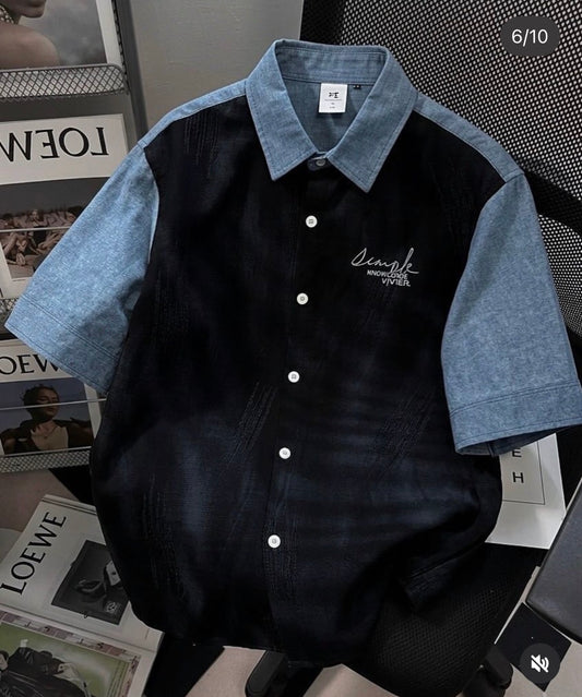 VOGUE DESIGN Simple HNOWLEDOE Black Colour With Blue Denim Half Sleeve Drop Shoulder Imported Men’s Shirt 2666