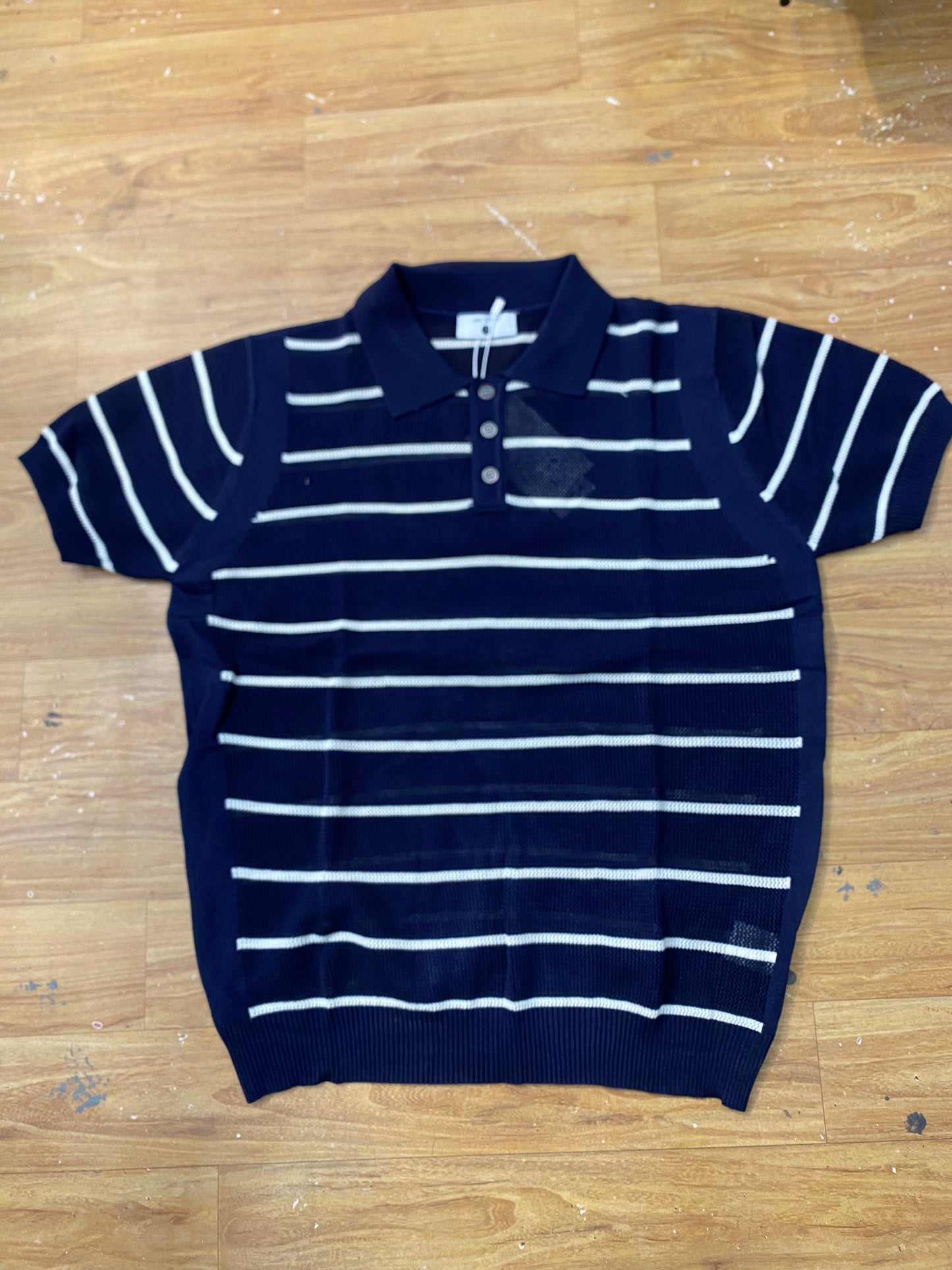 Men Stylish Blue Colour White  Lining Knitted Premium Quality Unisex Collar T-Shirt R86039