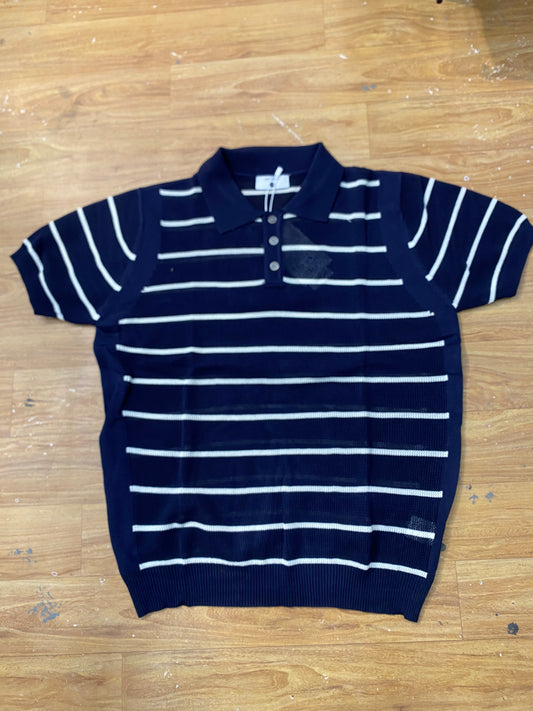 Men Stylish Blue Colour White  Lining Knitted Premium Quality Unisex Collar T-Shirt R86039