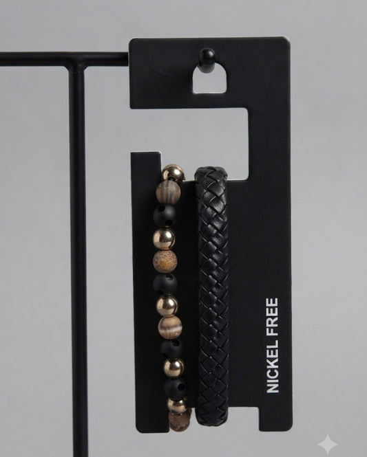 NICKEL FREE Black Gold Colour Imported Unisex Leather Bracelet Pack of Two 25997
