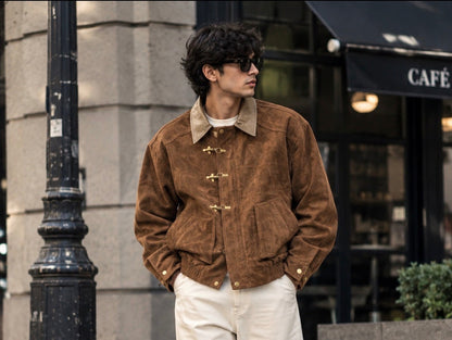 Dong Ye Brown Colour Suede Leather With Leather Coller Hook Style Premium Quality Unisex Imported Jacket