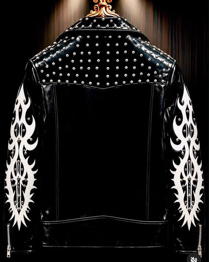 Hot Trousers Glossy Black Colour Stud White Embroidery Print Multy Zip Italian Leather  Imported Jacket 8606-8-A