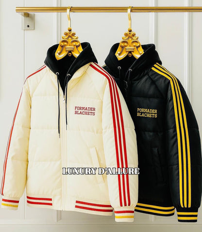 FORMADER BLACH6T White Leather Puffer Red Side Lines With Back Print Men’s Hooded Jacket B6851