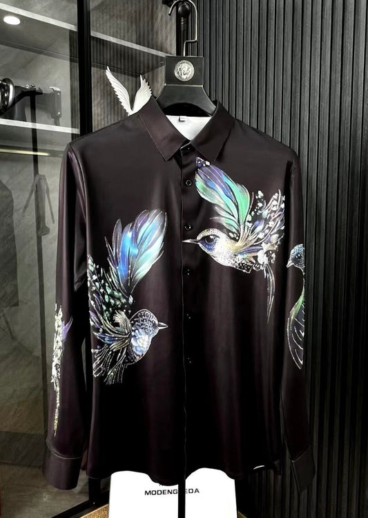 Modenggeda Black Colour Bird Colour Stone Print Full Sleeve Imported Shirt 72545