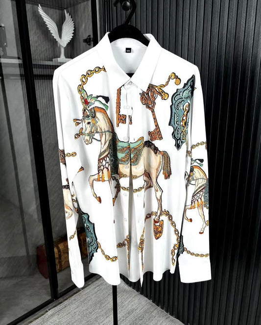 Modenggeda White Horse Print Colour Stone Print Full Sleeve Imported Shirt 72567