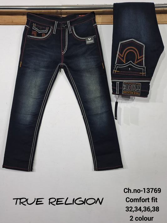 Tr Urt Navy Blue Grey Wine White Thread Work Straight Fit Jean DBF7571
