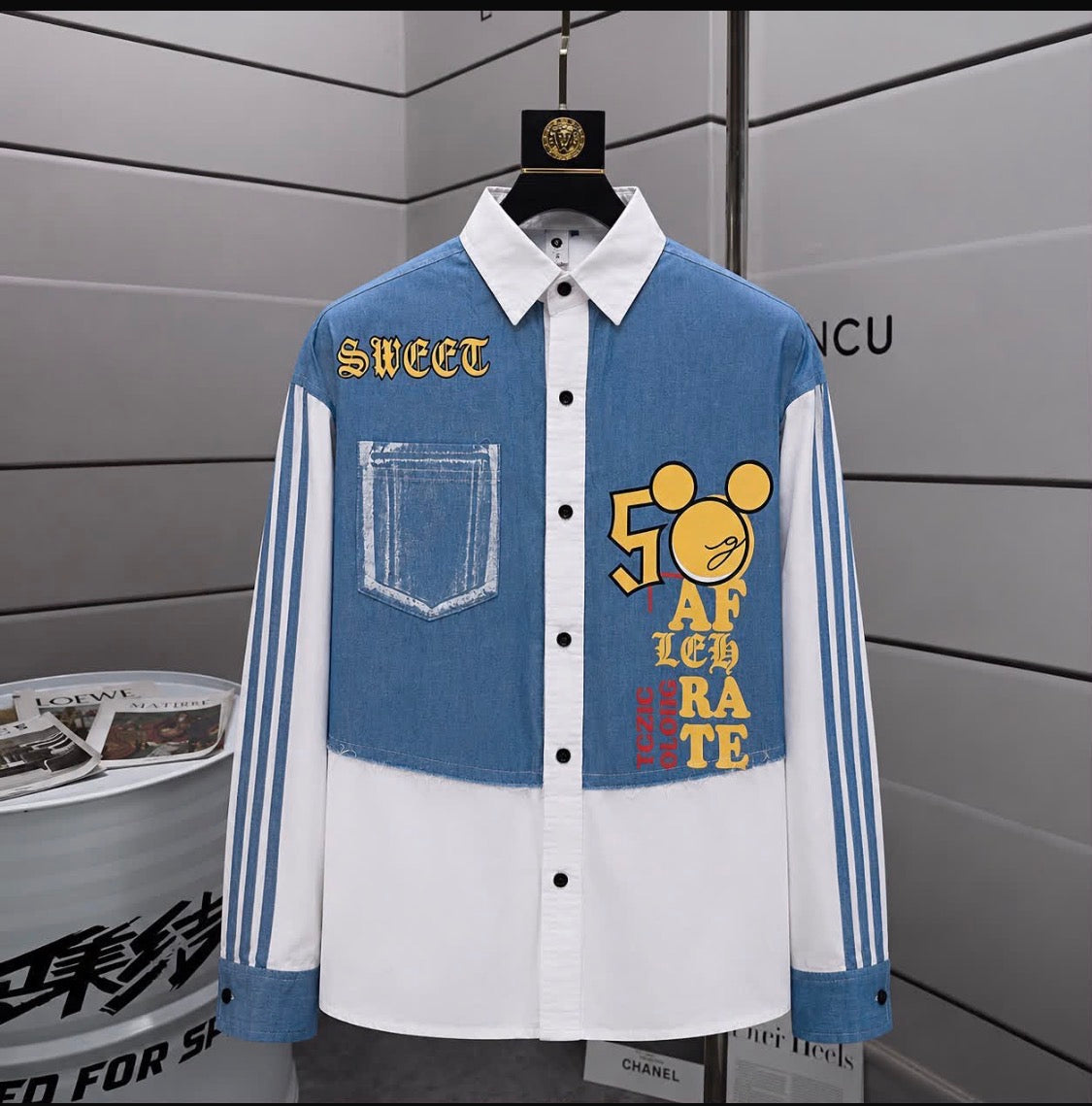 Gunot Fashion White Colour Blue Denim yellow Print Full Sleeve Imported Men’s Shirt 2685