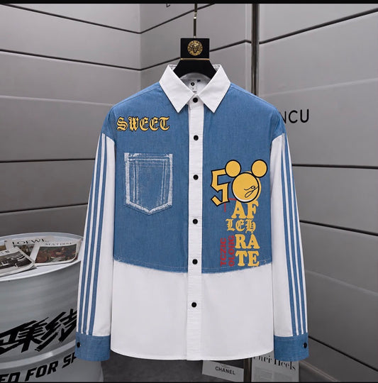 Gunot Fashion White Colour Blue Denim yellow Print Full Sleeve Imported Men’s Shirt 2685