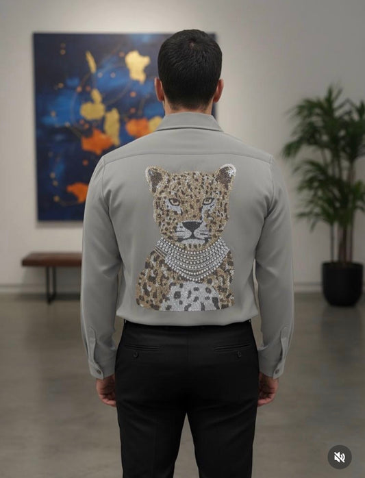AQUARIUS Grey Colour Tiger Gold Black Stud Design Premium Quality Full sleeve Shirt 2566