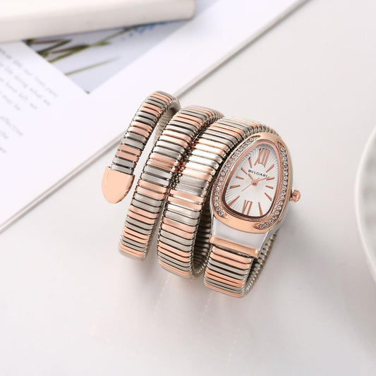 LVB Copper Silver Snake Chain Ladies Stud White Dial Watch 989351