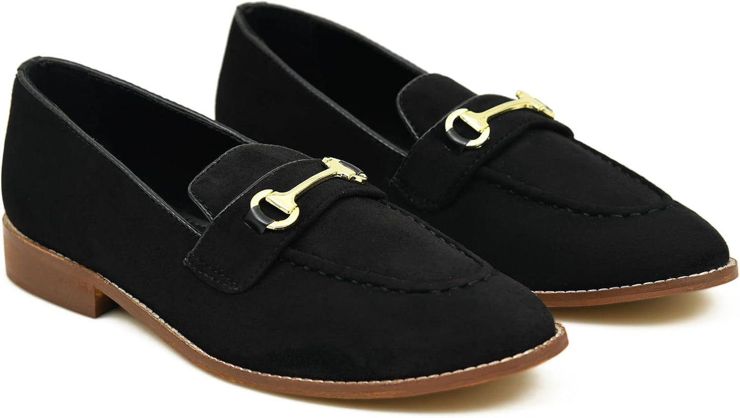 Black Suede Leather Brown Sole Golden Buckle Formal Loafer Shoes V5004