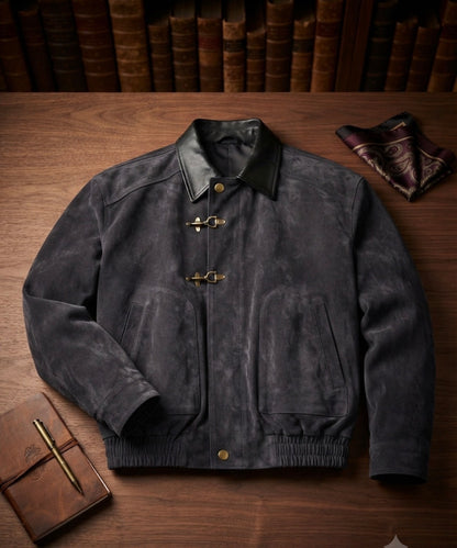Dong Ye Dark Grey Colour Suede Leather With Leather Coller Hook Style Premium Quality Unisex Imported Jacket 2812-A