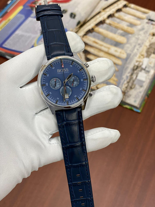 SOB BOS Blue Leather Strap Blue Silver Dial Men’s Watch 988320
