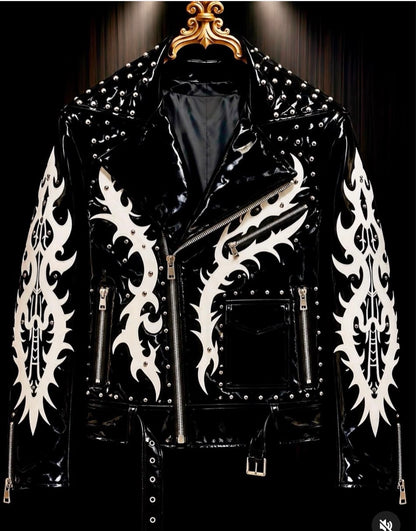 Hot Trousers Glossy Black Colour Stud White Embroidery Print Multy Zip Italian Leather  Imported Jacket 8606-8-A