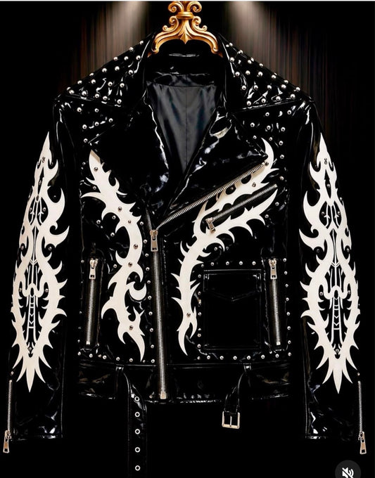 Hot Trousers Glossy Black Colour Stud White Embroidery Print Multy Zip Italian Leather  Imported Jacket 8606-8-A