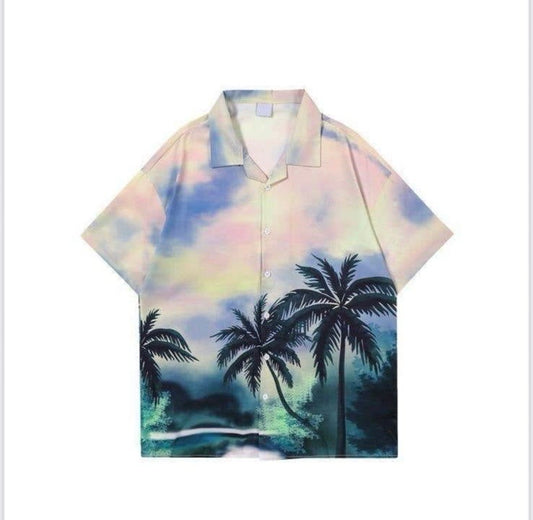 LDA Pink Colour Green Blue Plam Tree Print Half Sleeve Men’s Shirt 989604